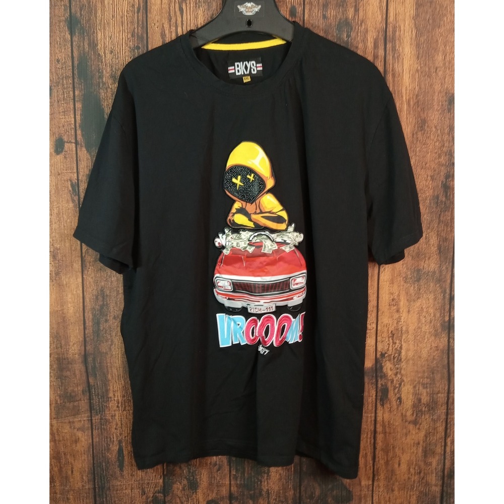 BKYS Mens Black Graphic T-Shirt Vroom Money Car Streetwear Tee 4XL Fits Smaller